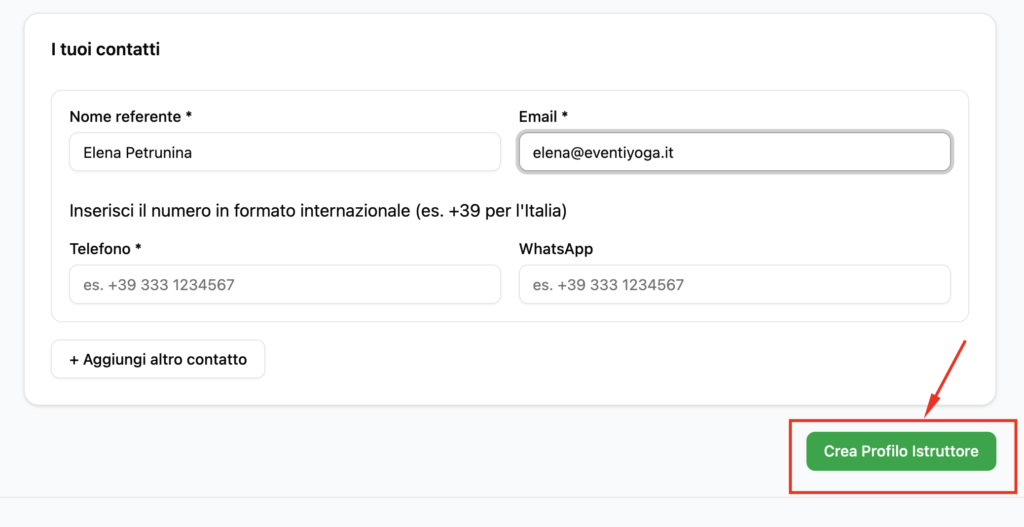 Form creazione profilo - Sezione contatti