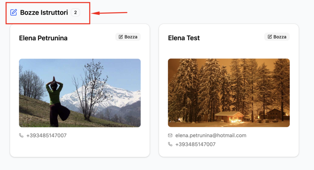 Sezione bozze istruttori su EventiYoga