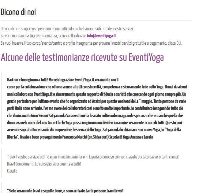 Sezione Dicono di noi portale EventiYoga 